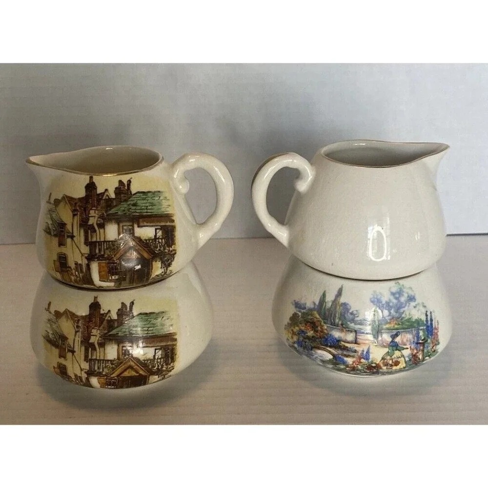 2 Sugar bowl Creamer Set Lancaster Sandland English Ware Hanley England Stacking